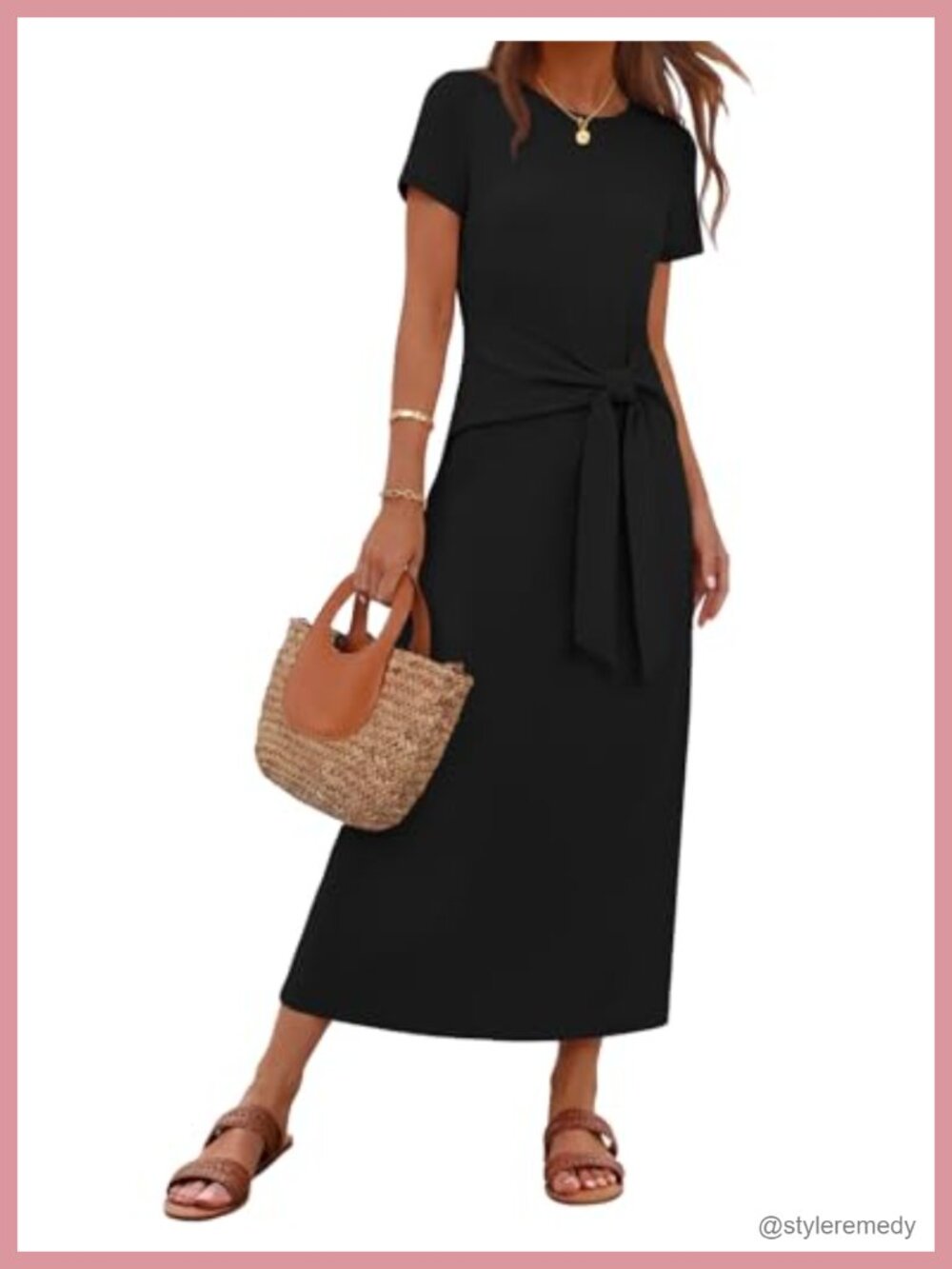 Casual Maxi Dress Tie Waist Short Sleeve Crew Neck Summer Work Vacation
